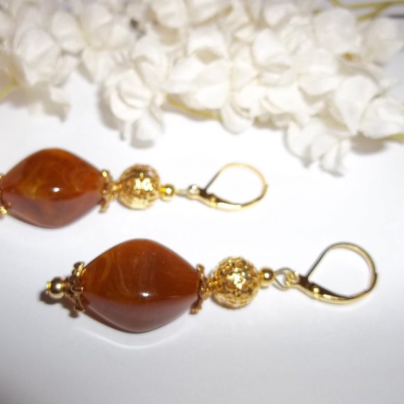 Brown Beaded Earring Set Handmade NWT Jewelry Dangle Drop Gold Toned Pair 4136 - Picture 7 of 7